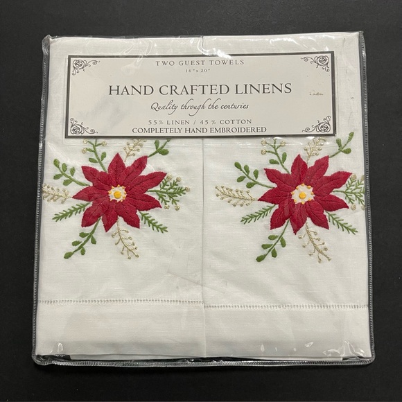 No Brand Other - Christmas Poinsetta Guest Towels Set Of 2 Linen Blend 14” x 20” Embroidered NIP